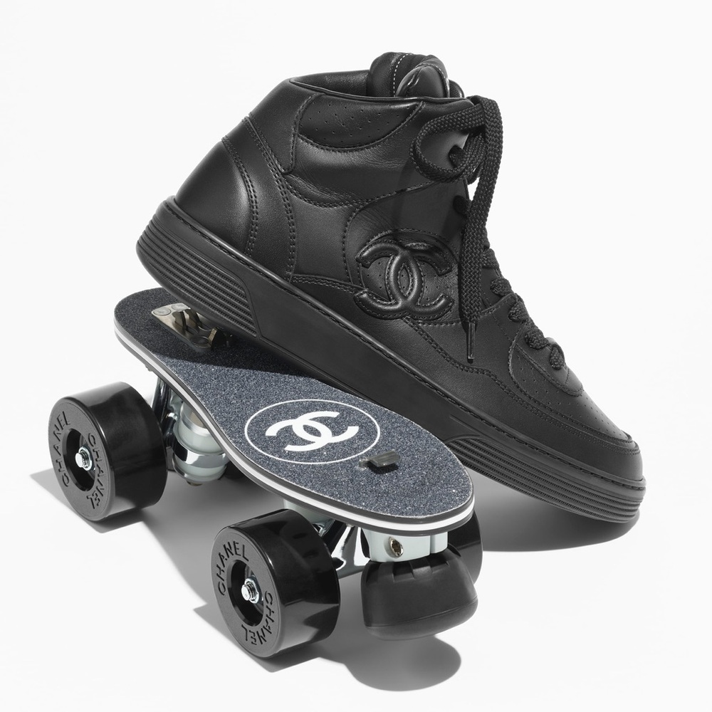 CHANEL Black Hightop Shoes with Roller Skate Attachment sz 37.5
